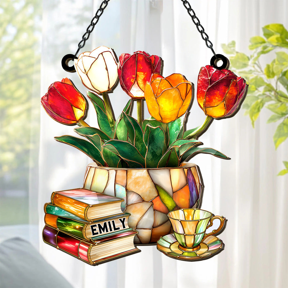 Book Pile and Elegant Tea - Personalized Window Hanging Suncatcher