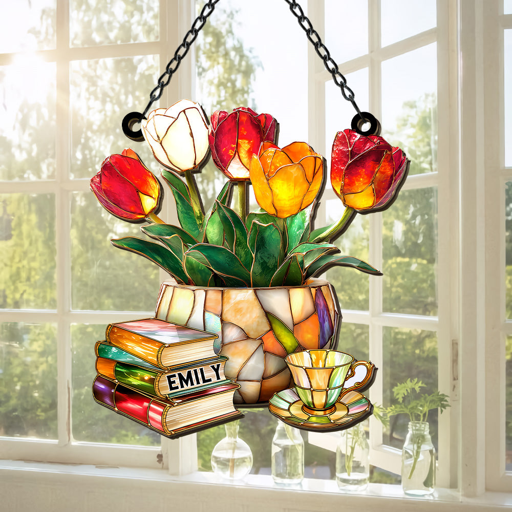 Book Pile and Elegant Tea - Personalized Window Hanging Suncatcher
