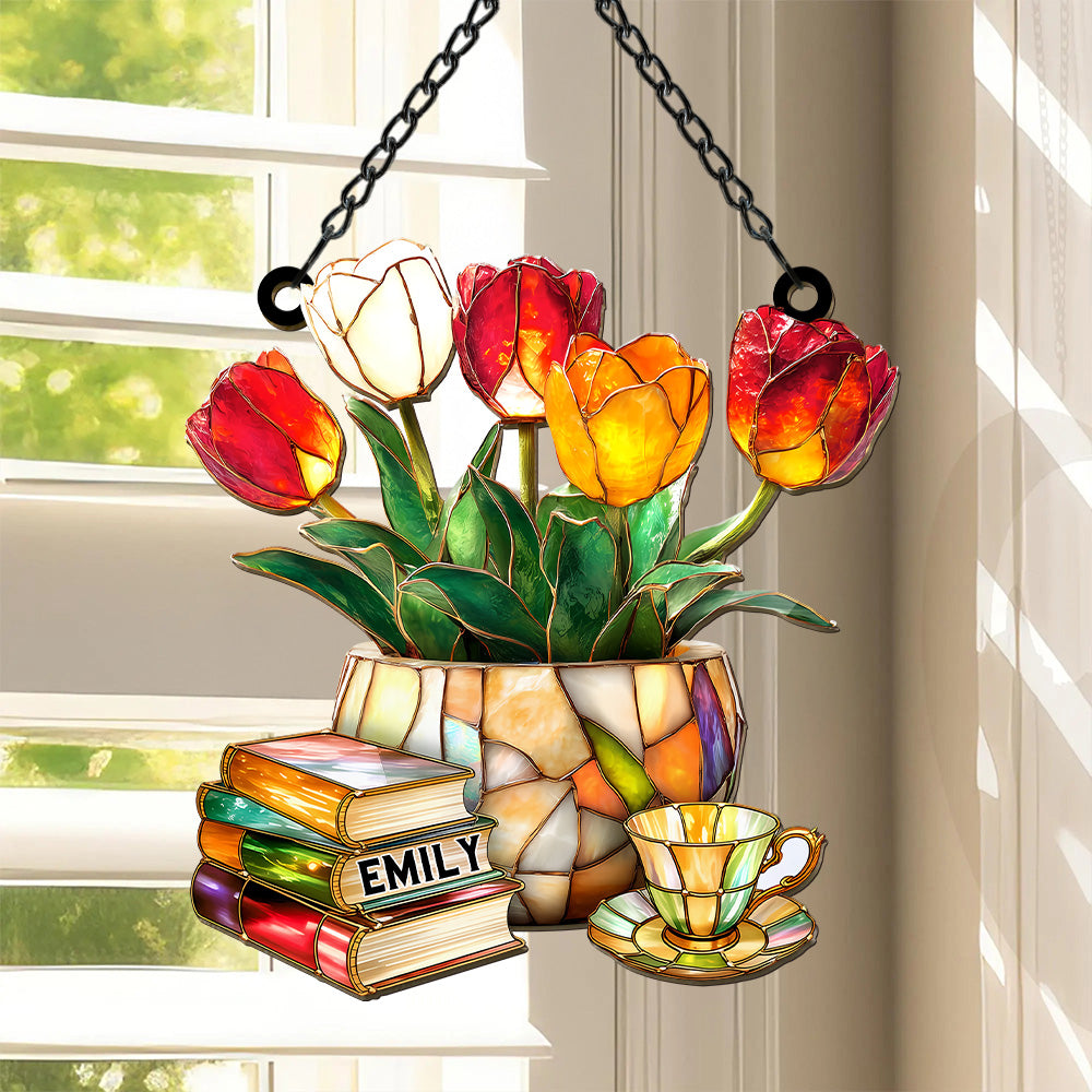 Book Pile and Elegant Tea - Personalized Window Hanging Suncatcher