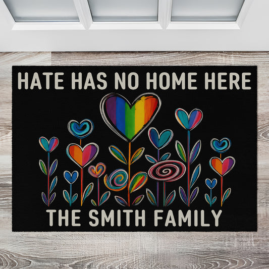 No Hate Here, Vibrant Floral Design - Personalized Doormat