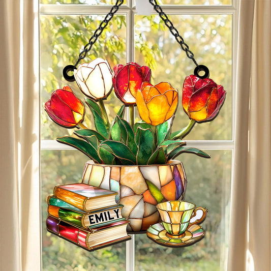 Book Pile and Elegant Tea - Personalized Window Hanging Suncatcher