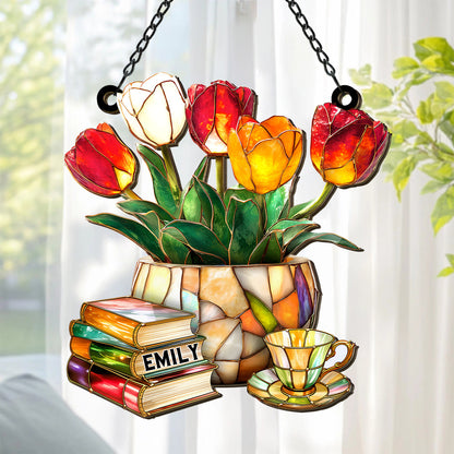 Book Pile and Elegant Tea - Personalized Window Hanging Suncatcher